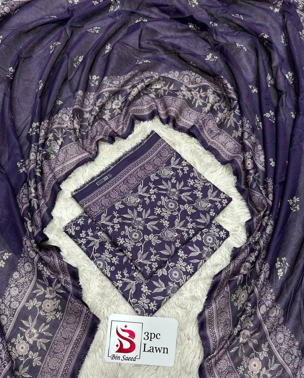 3 Piece Printed Purple Color Unstitched Suit I Bin Saeed