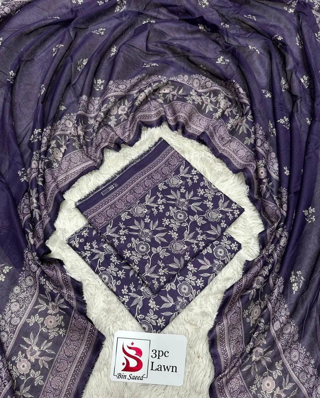3 Piece Printed Purple Color Unstitched Suit I Bin Saeed