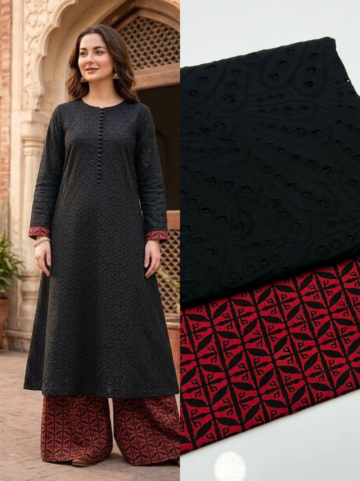 2 Piece Black Color Chicken Kari Shirt with Printed Trouser