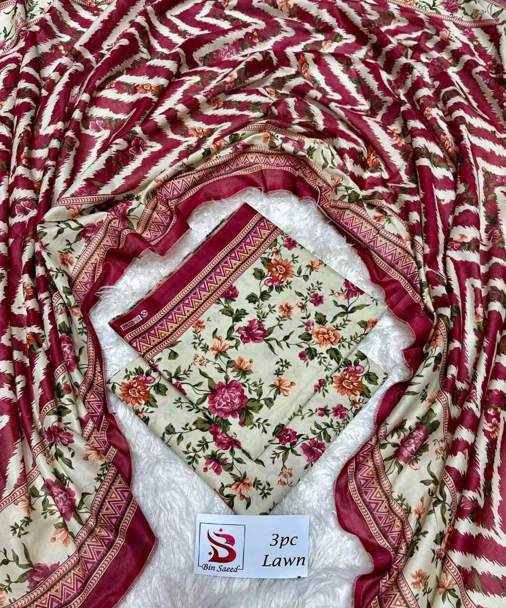 3 Piece Printed MultiColor Lawn Unstitched Suit I Bin Saeed