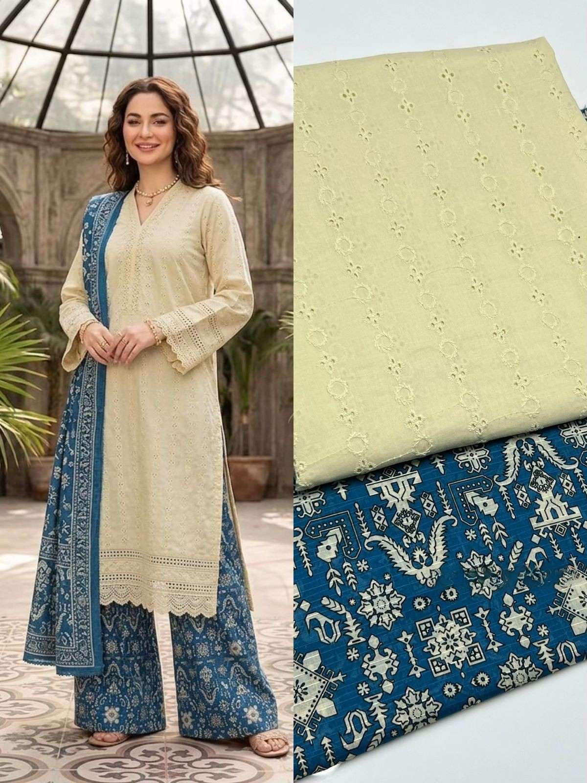 2 Piece Cream Color Chicken Kari Shirt with Printed Trouser