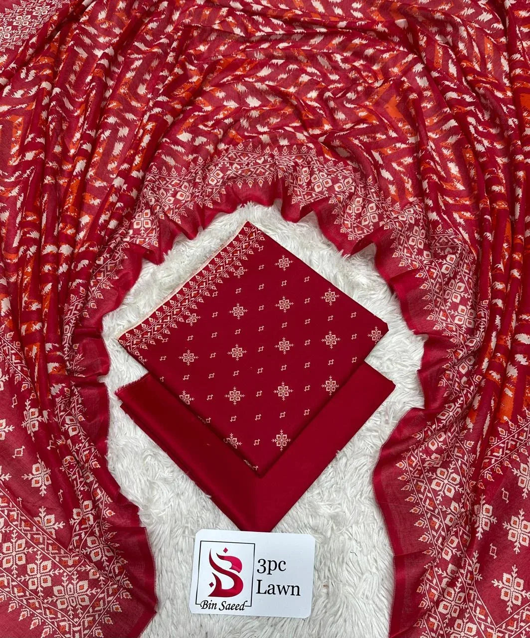3 Piece Printed Red Color Unstitched Suit I Bin Saeed