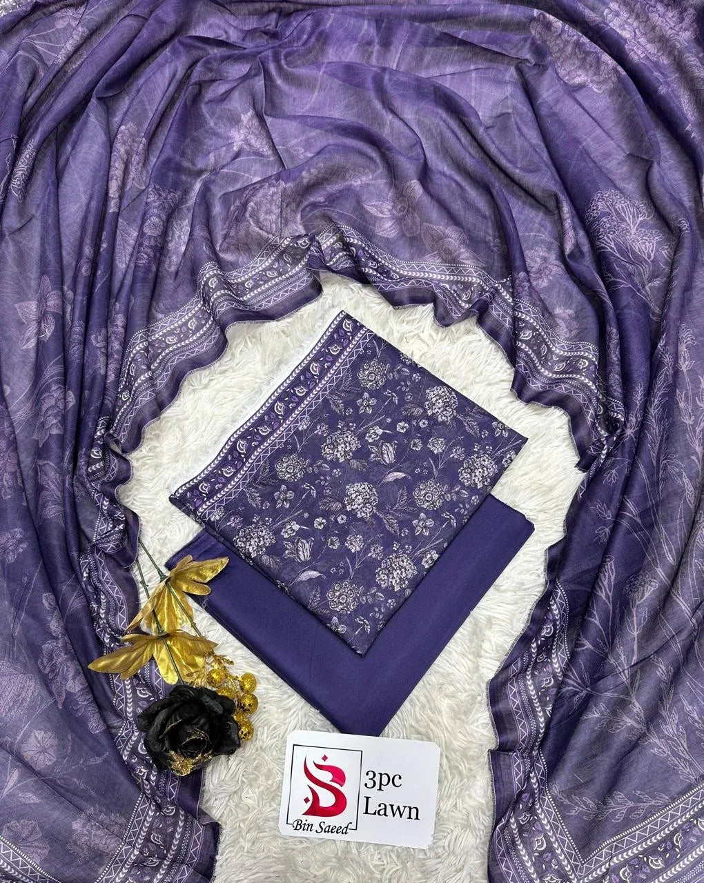 3 Piece Printed Purple Color Lawn Unstitched Suit I Bin Saeed