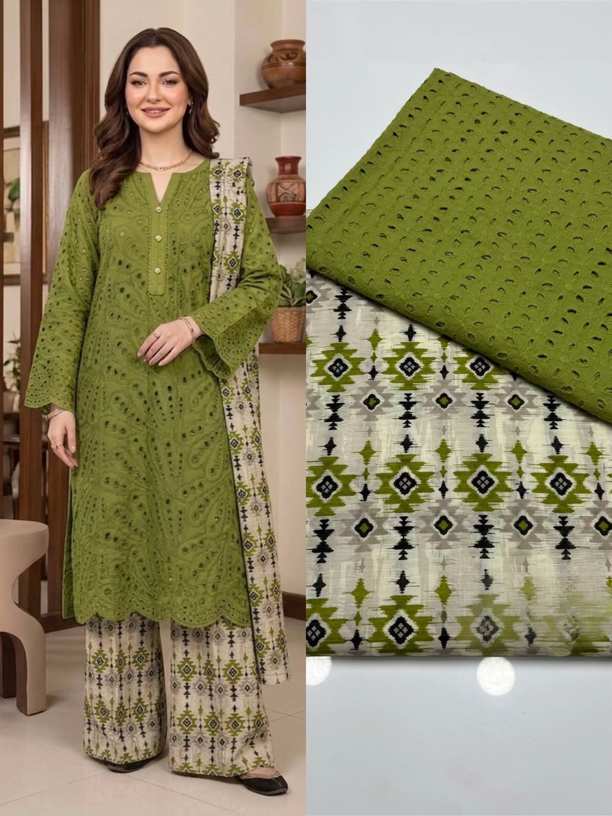 2 Piece Mehdi Color Chicken Kari Shirt with Printed Trouser