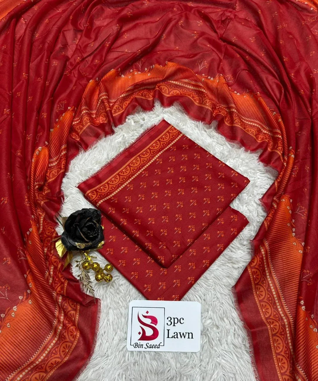 3 Piece Printed Red Color Unstitched Suit I Bin Saeed