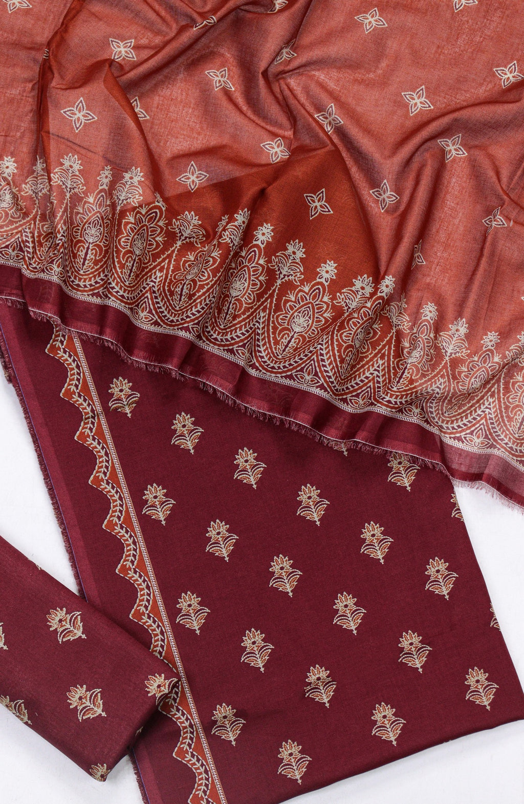 3 Piece Lawn Printed Mahroon UnStitched Suit I Bin Saeed