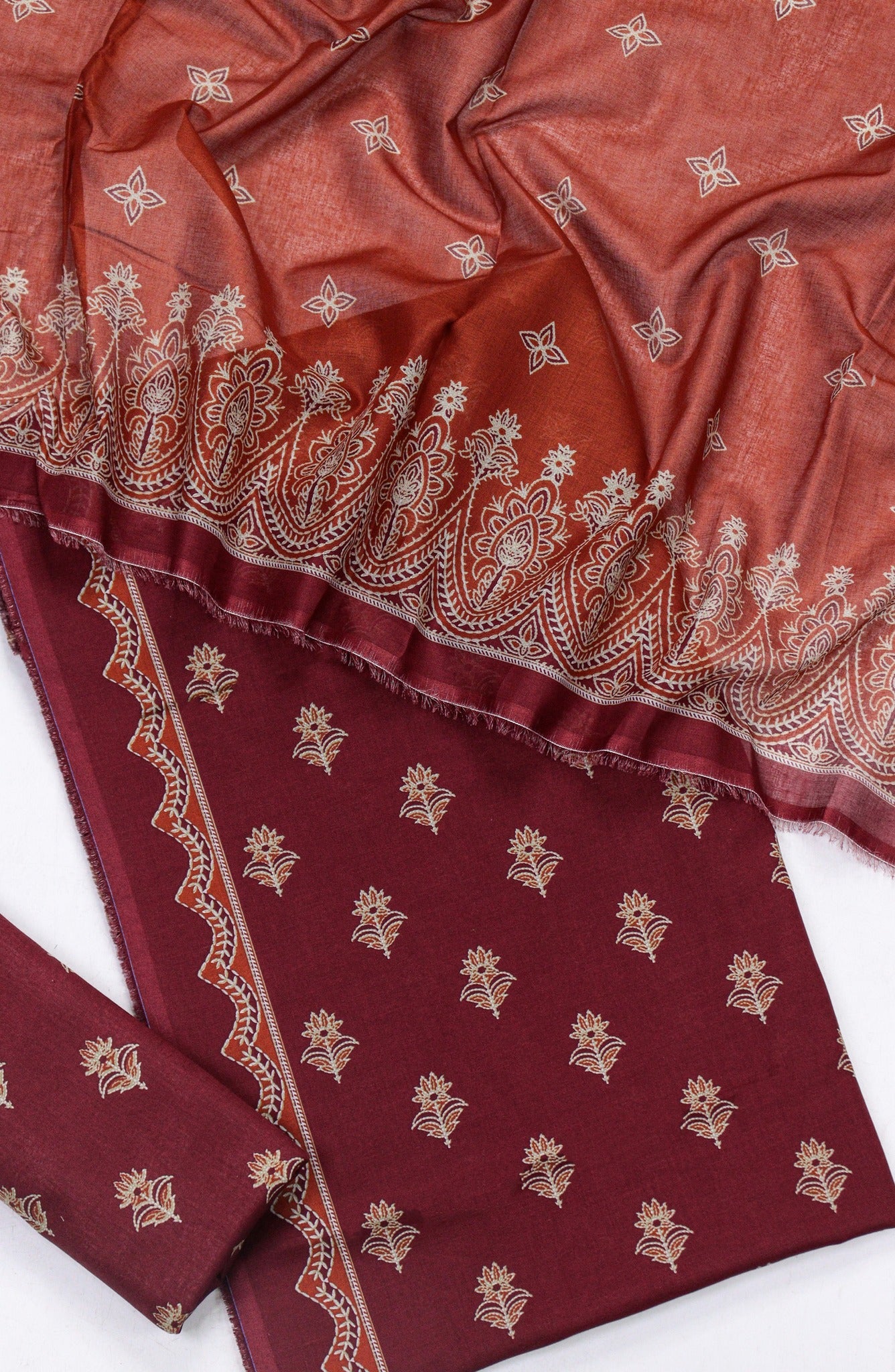 3 Piece Lawn Printed Mahroon UnStitched Suit I Bin Saeed