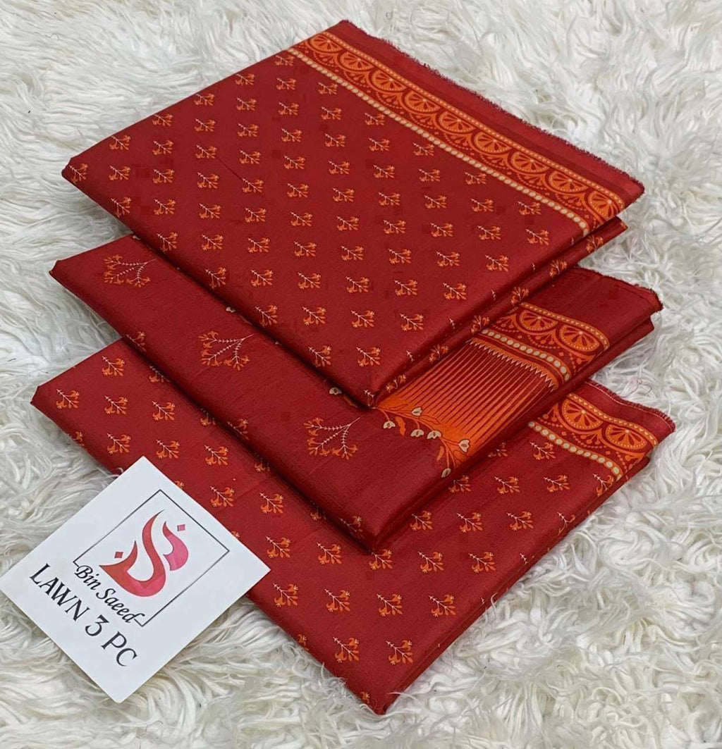 3 Piece Printed Red Color Unstitched Suit I Bin Saeed