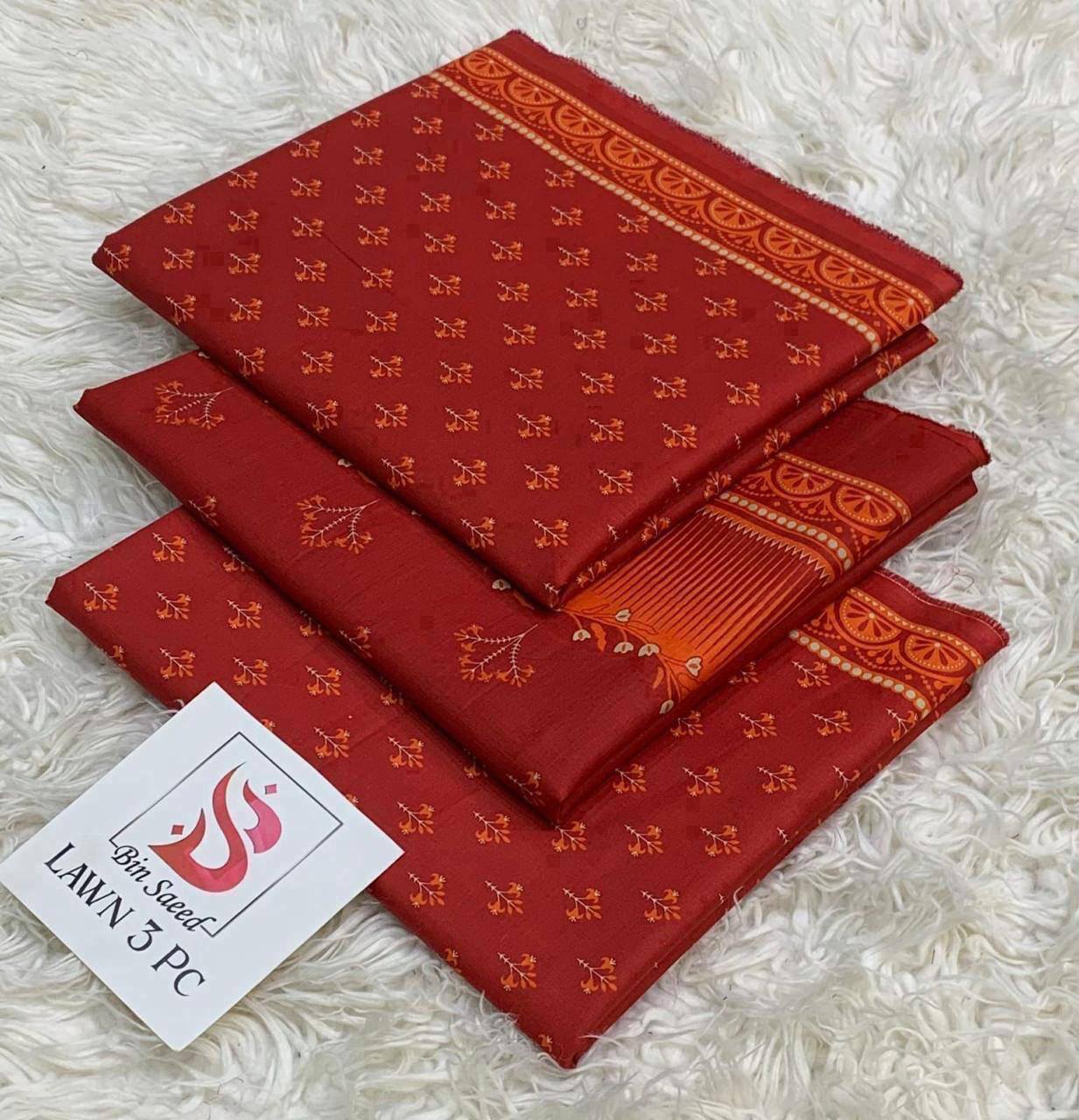 3 Piece Printed Red Color Unstitched Suit I Bin Saeed