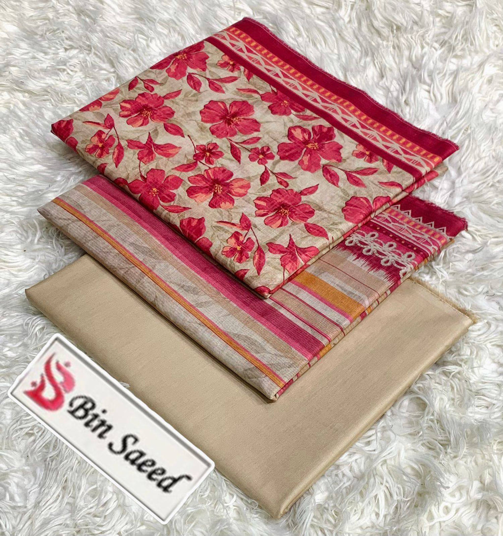 3 Piece Printed Red Cream Color Unstitched Suit I Bin Saeed