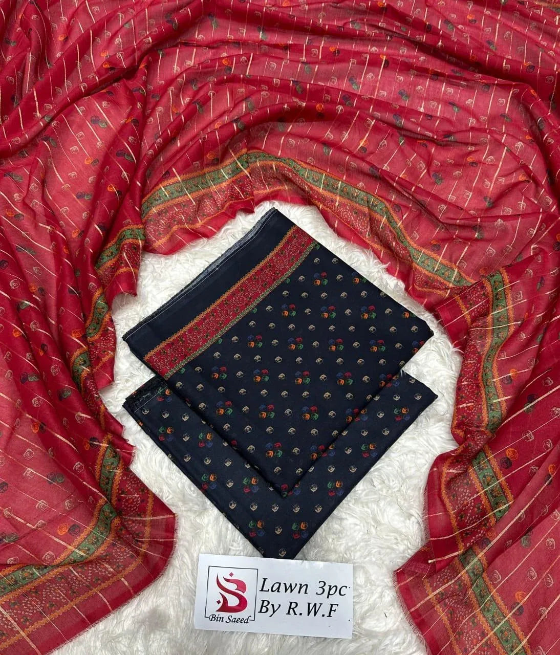 3 Piece Printed Navy Blue Color Unstitched Suit I Bin Saeed