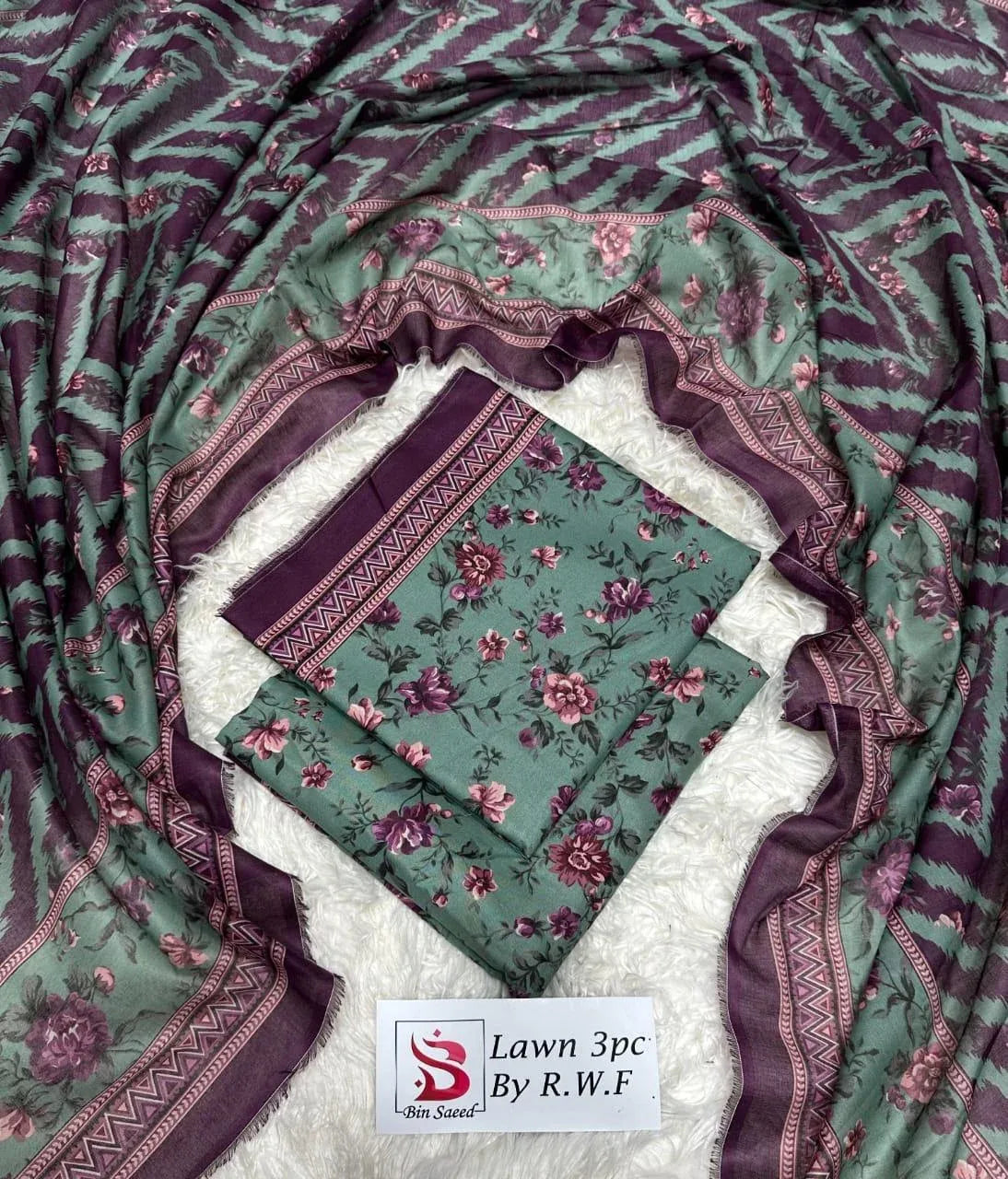 3 Piece Printed Turquoise Color Unstitched Suit I Bin Saeed