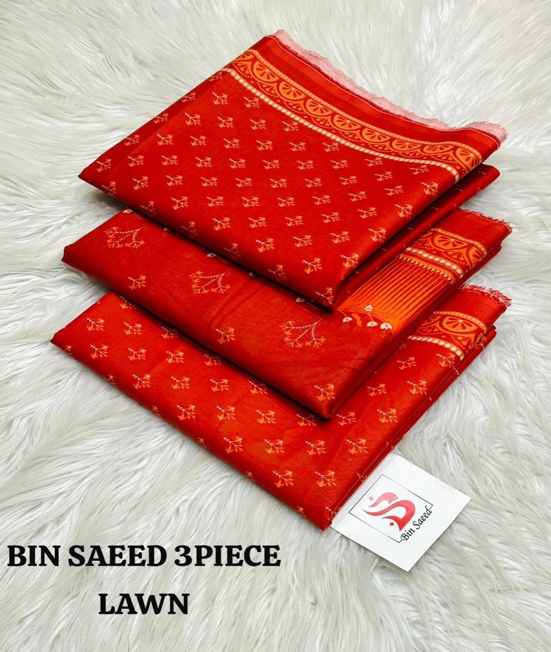 3 Piece Printed Red Color Unstitched Suit I Bin Saeed