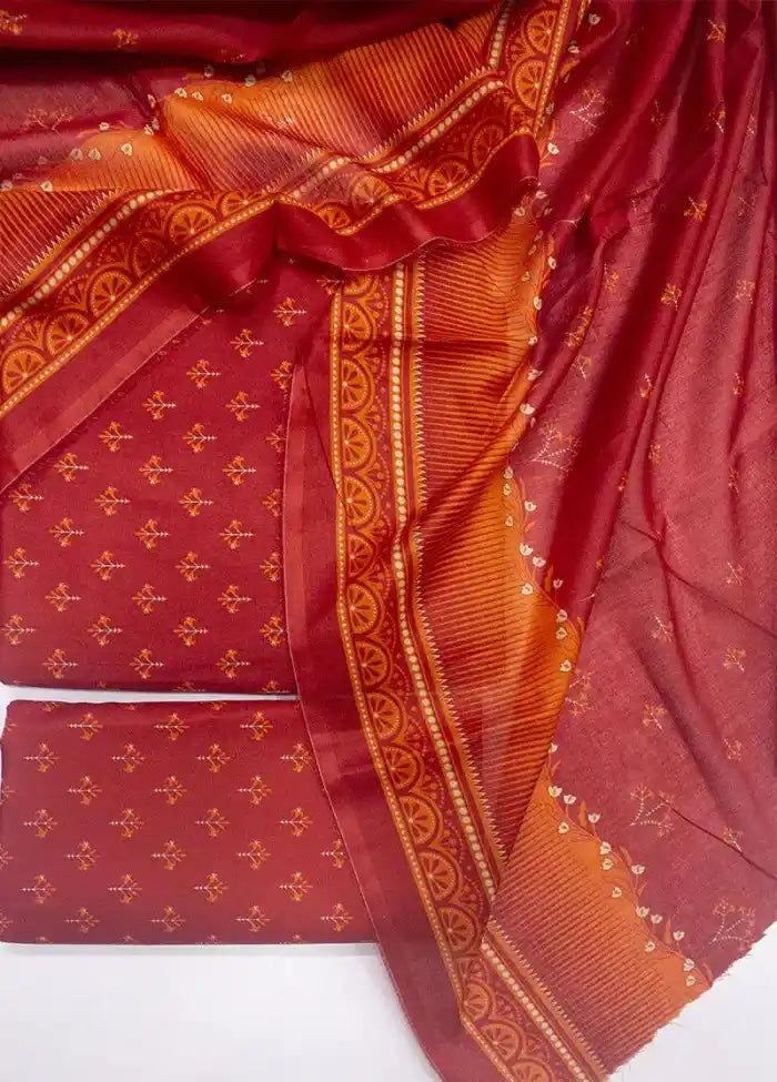 3 Piece Printed Red Color Unstitched Suit I Bin Saeed