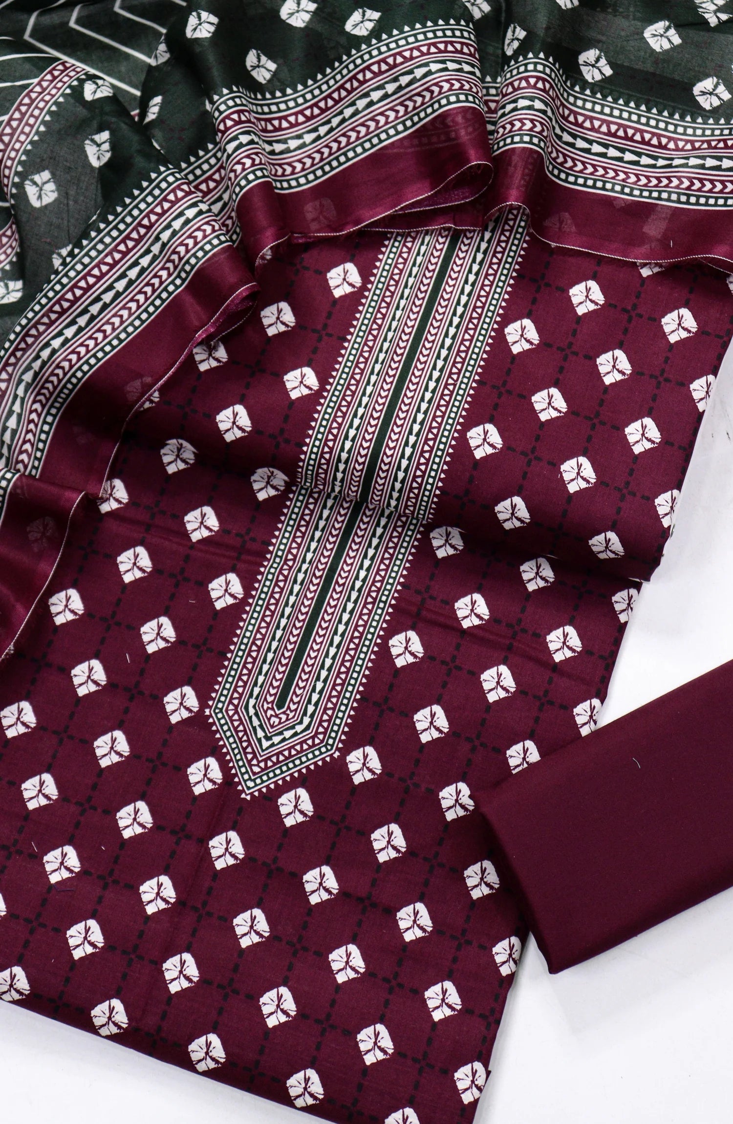 3 Piece Printed Mahroon Color Unstitched Suit I Bin Saeed