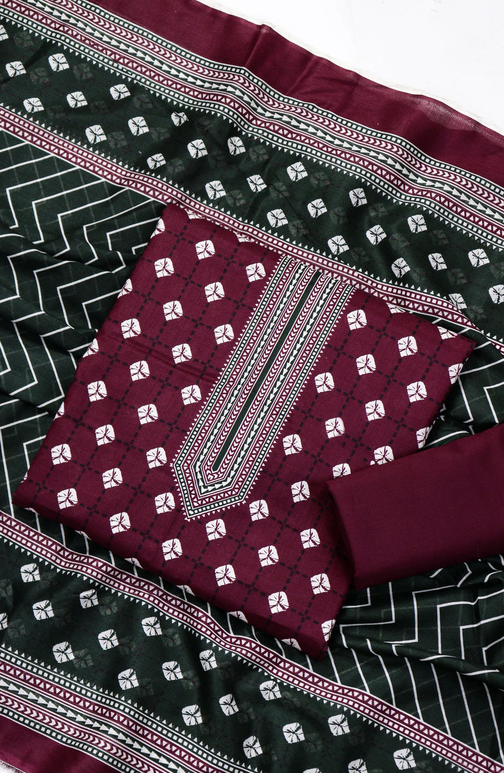 3 Piece Printed Mahroon Color Unstitched Suit I Bin Saeed
