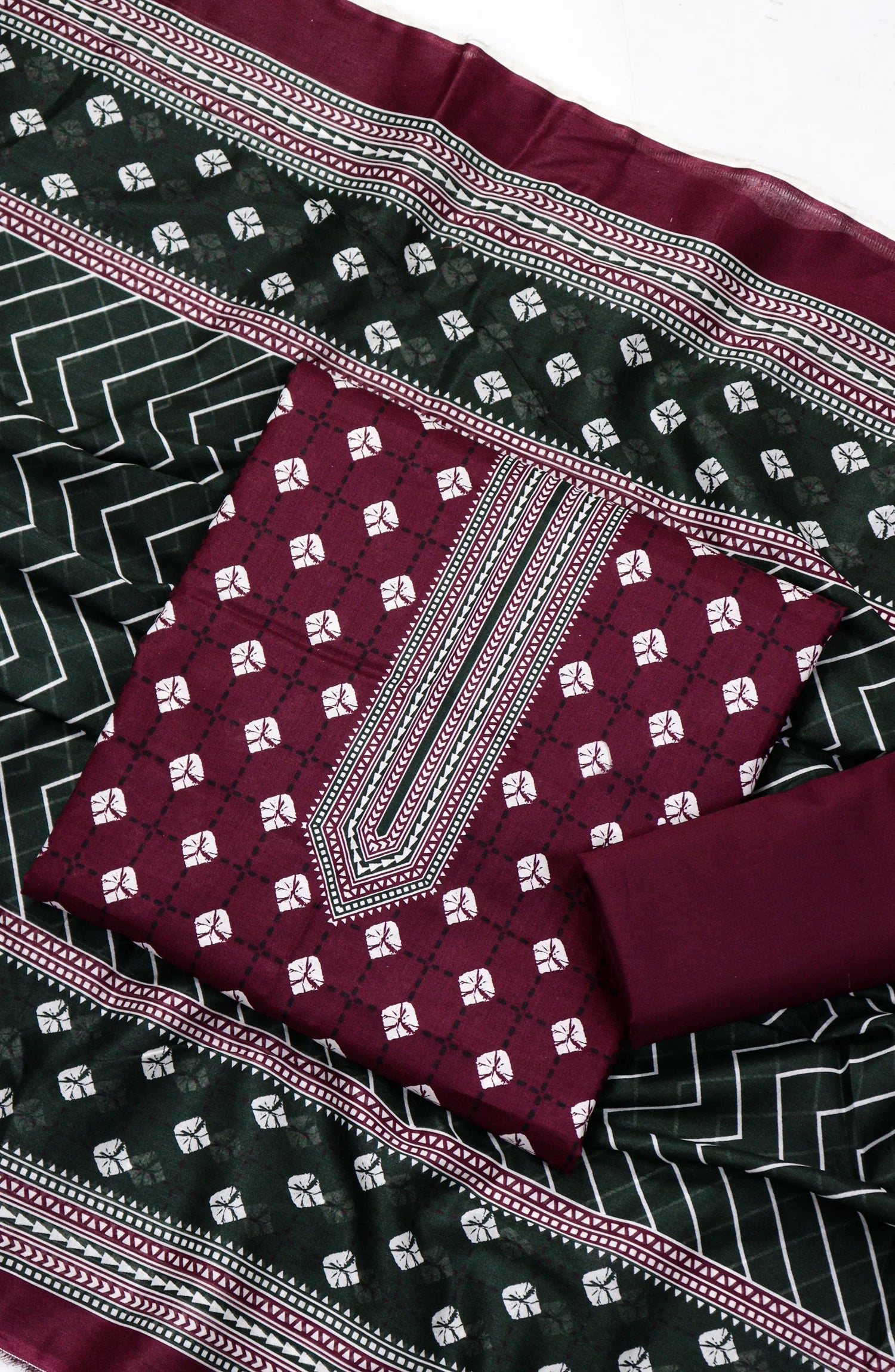 3 Piece Printed Mahroon Color Unstitched Suit I Bin Saeed
