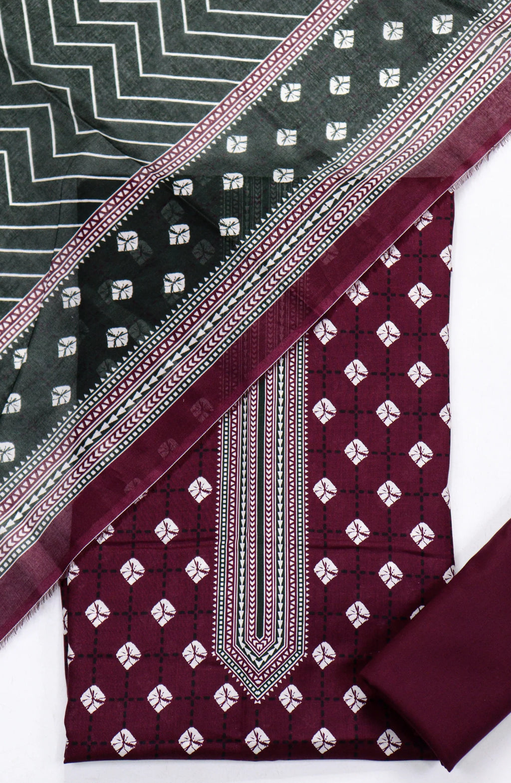 3 Piece Printed Mahroon Color Unstitched Suit I Bin Saeed