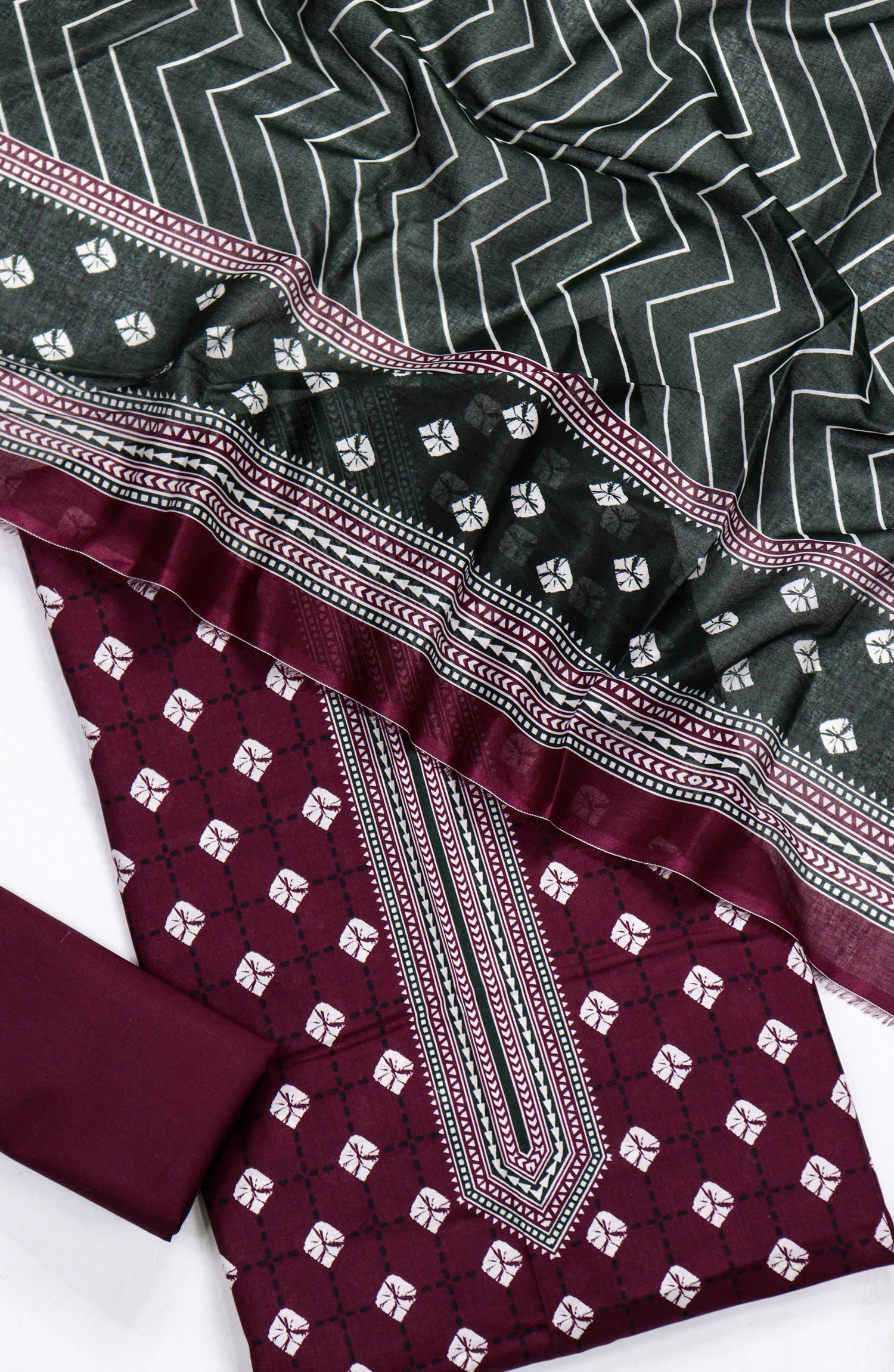 3 Piece Printed Mahroon Color Unstitched Suit I Bin Saeed