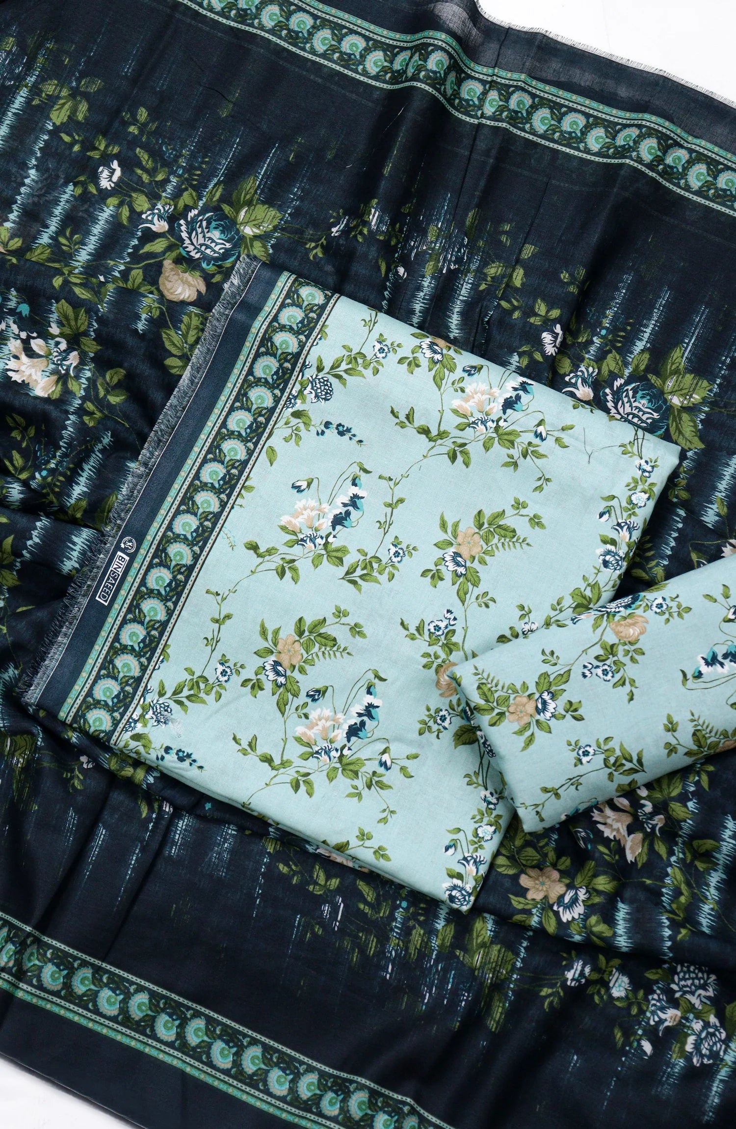 3 Piece Printed Sky blue Color Unstitched Suit I Bin Saeed