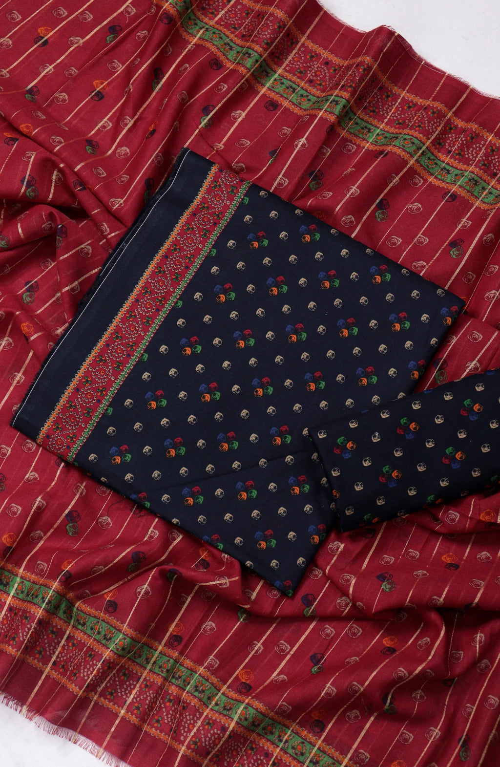 3 Piece Printed Navy Blue Color Unstitched Suit I Bin Saeed