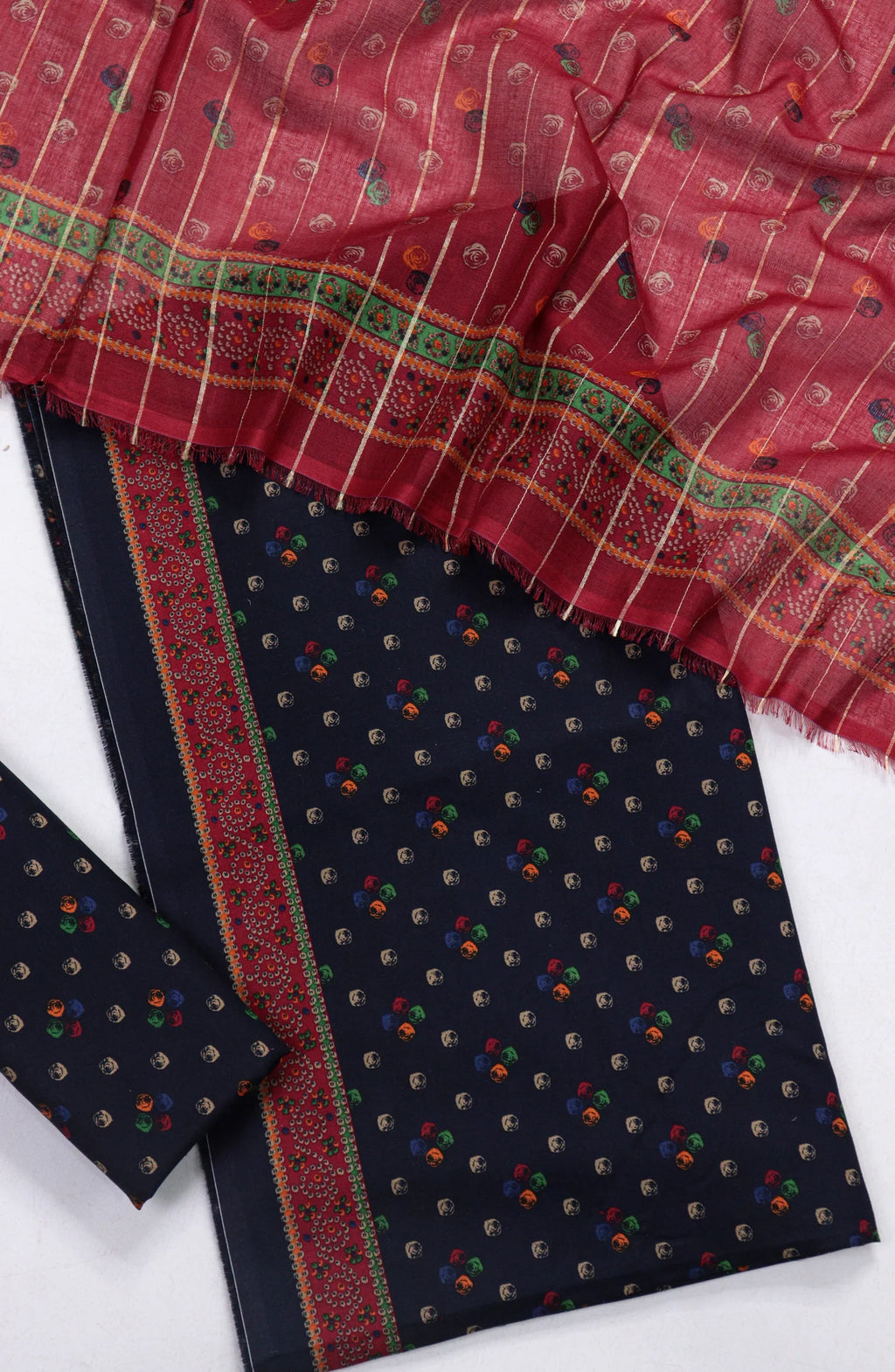 3 Piece Printed Navy Blue Color Unstitched Suit I Bin Saeed