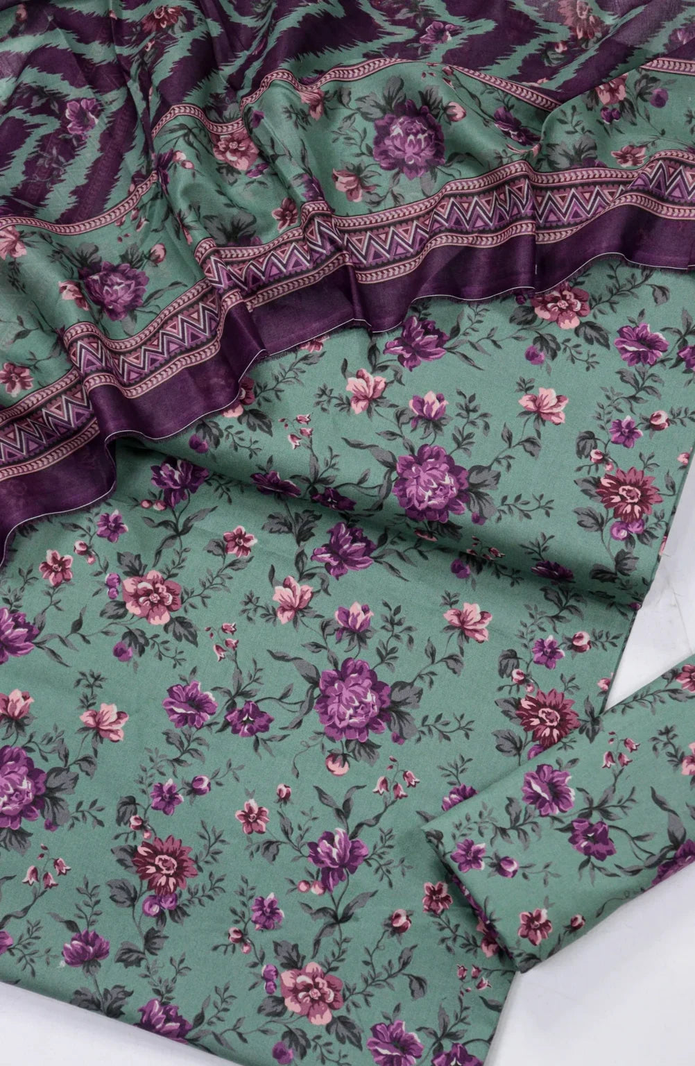 3 Piece Printed Turquoise Color Unstitched Suit I Bin Saeed