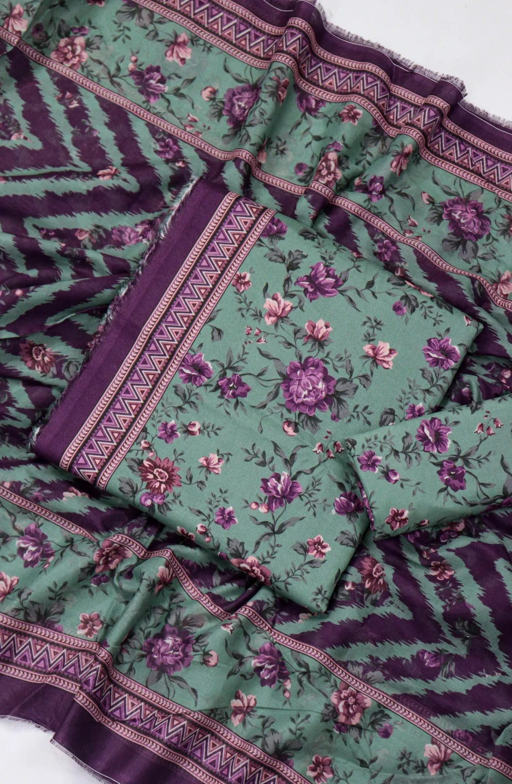 3 Piece Printed Turquoise Color Unstitched Suit I Bin Saeed