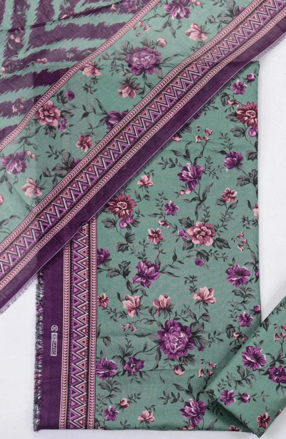 3 Piece Printed Turquoise Color Unstitched Suit I Bin Saeed