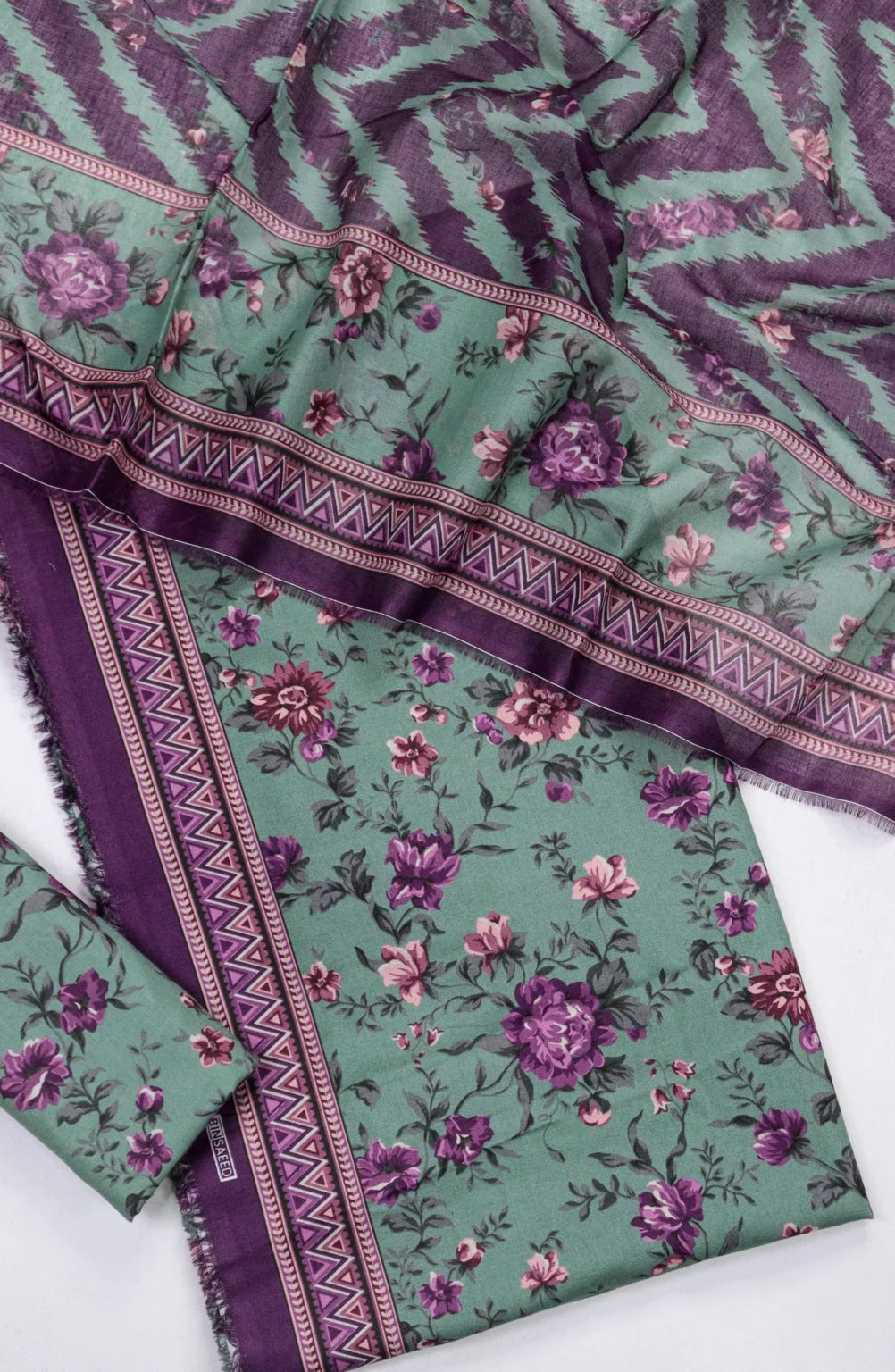 3 Piece Printed Turquoise Color Unstitched Suit I Bin Saeed
