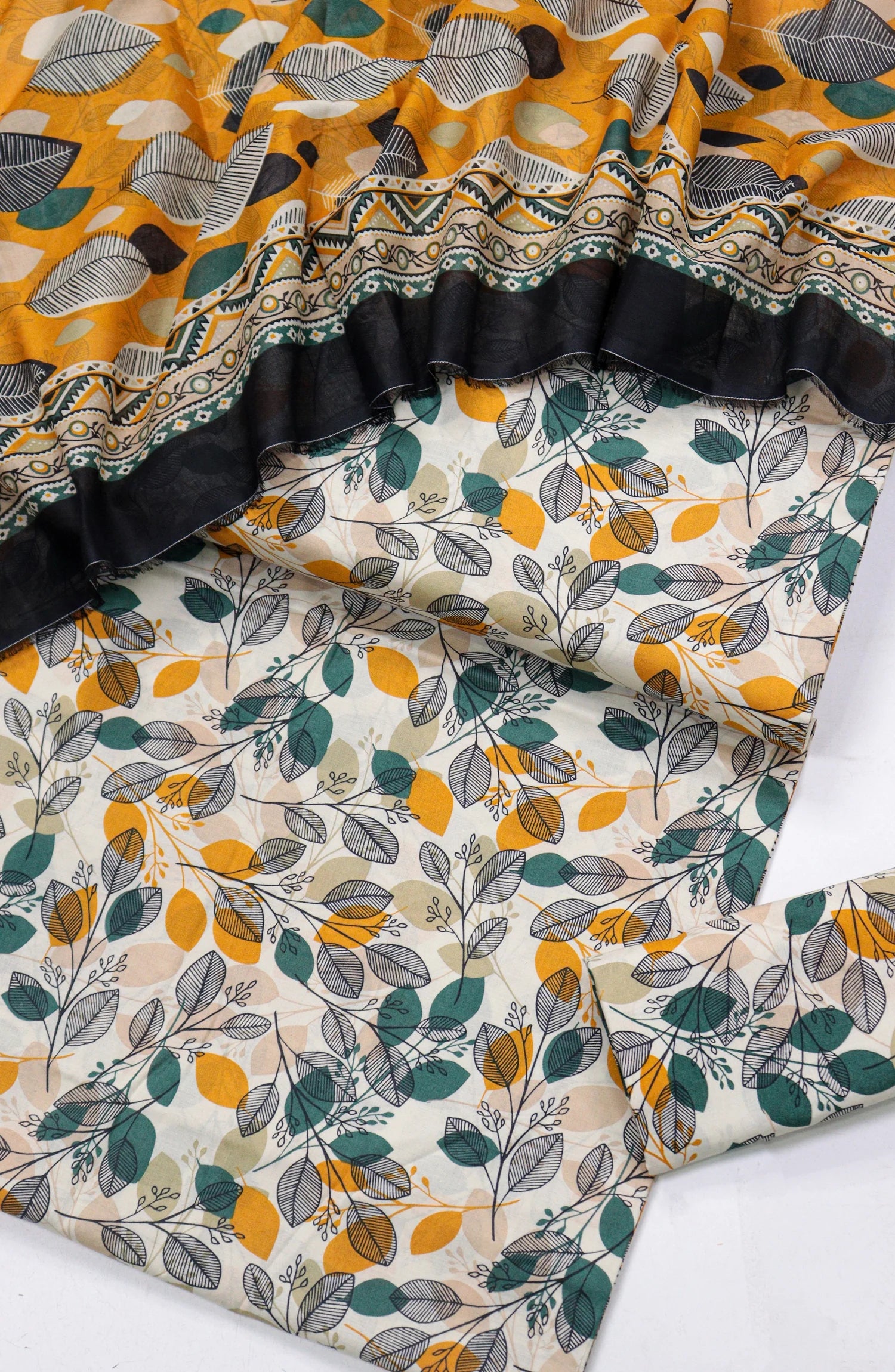 3 Piece Printed Cream Color Unstitched Suit I Bin Saeed