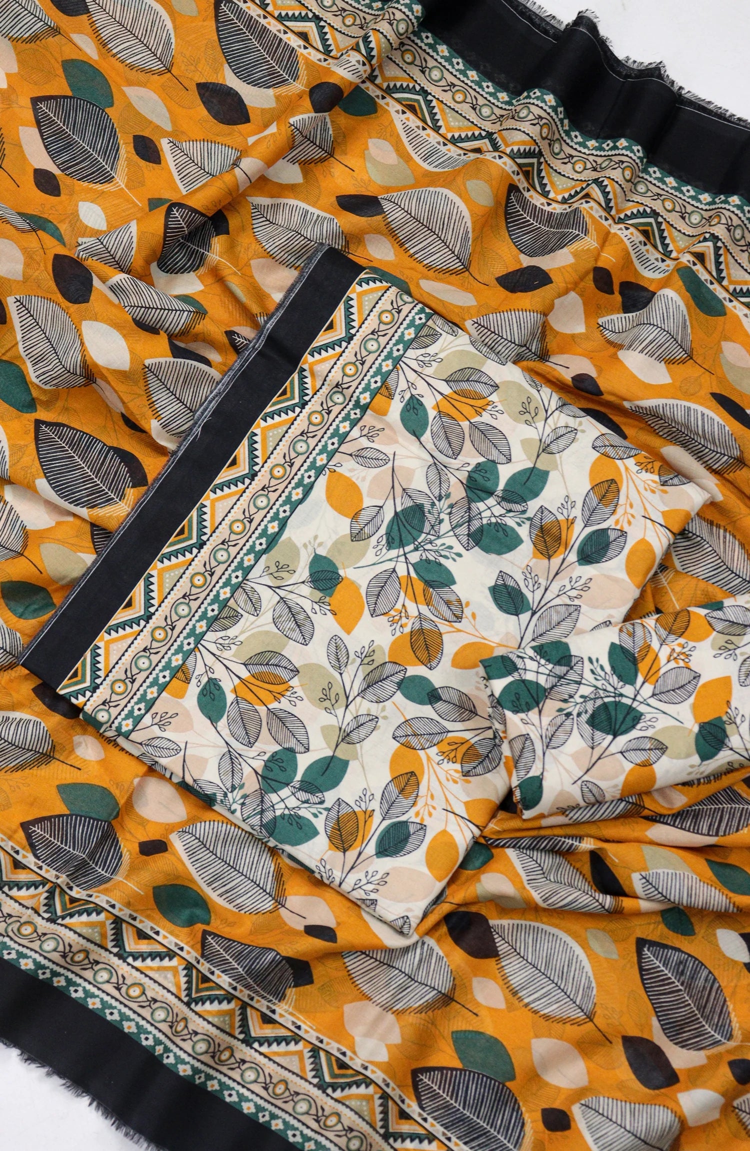 3 Piece Printed Cream Color Unstitched Suit I Bin Saeed