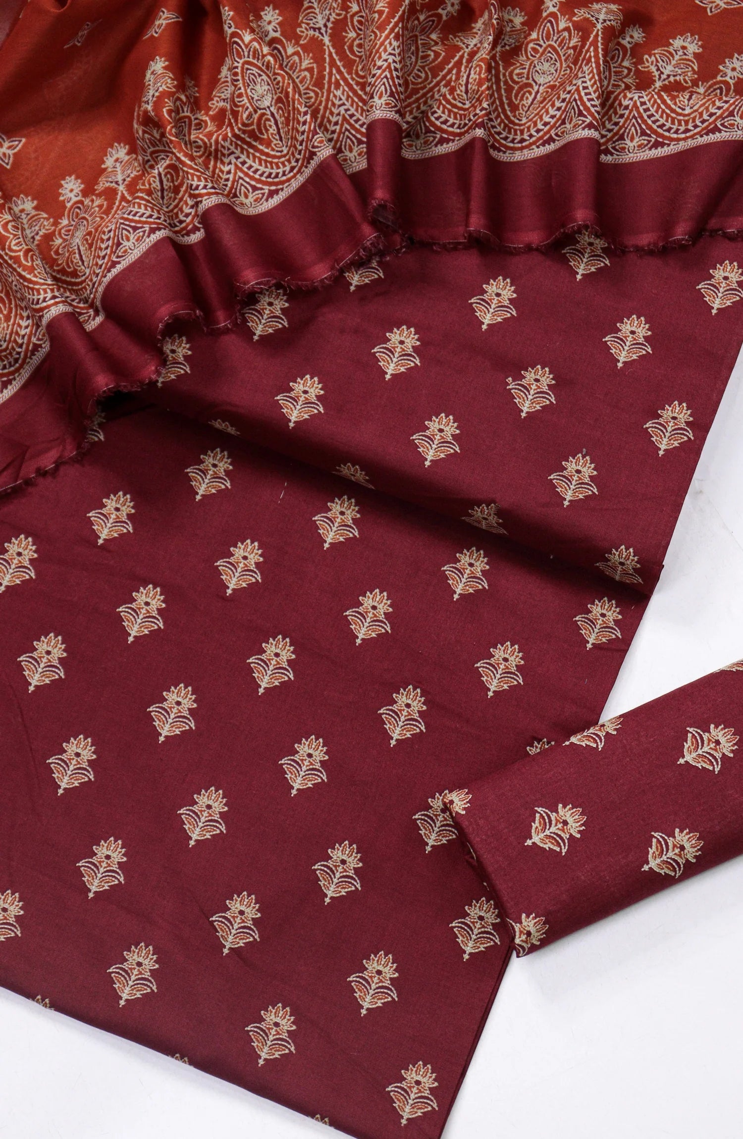 3 Piece Lawn Printed Mahroon UnStitched Suit I Bin Saeed