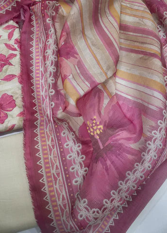 3 Piece Printed Red Cream Color Unstitched Suit I Bin Saeed