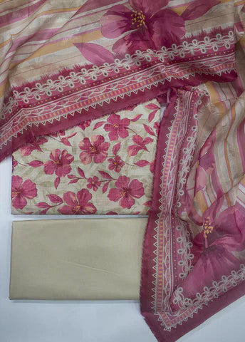 3 Piece Printed Red Cream Color Unstitched Suit I Bin Saeed