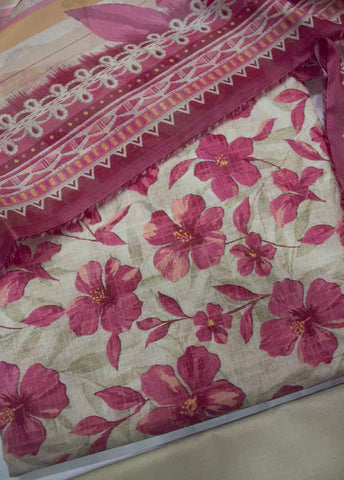 3 Piece Printed Red Cream Color Unstitched Suit I Bin Saeed