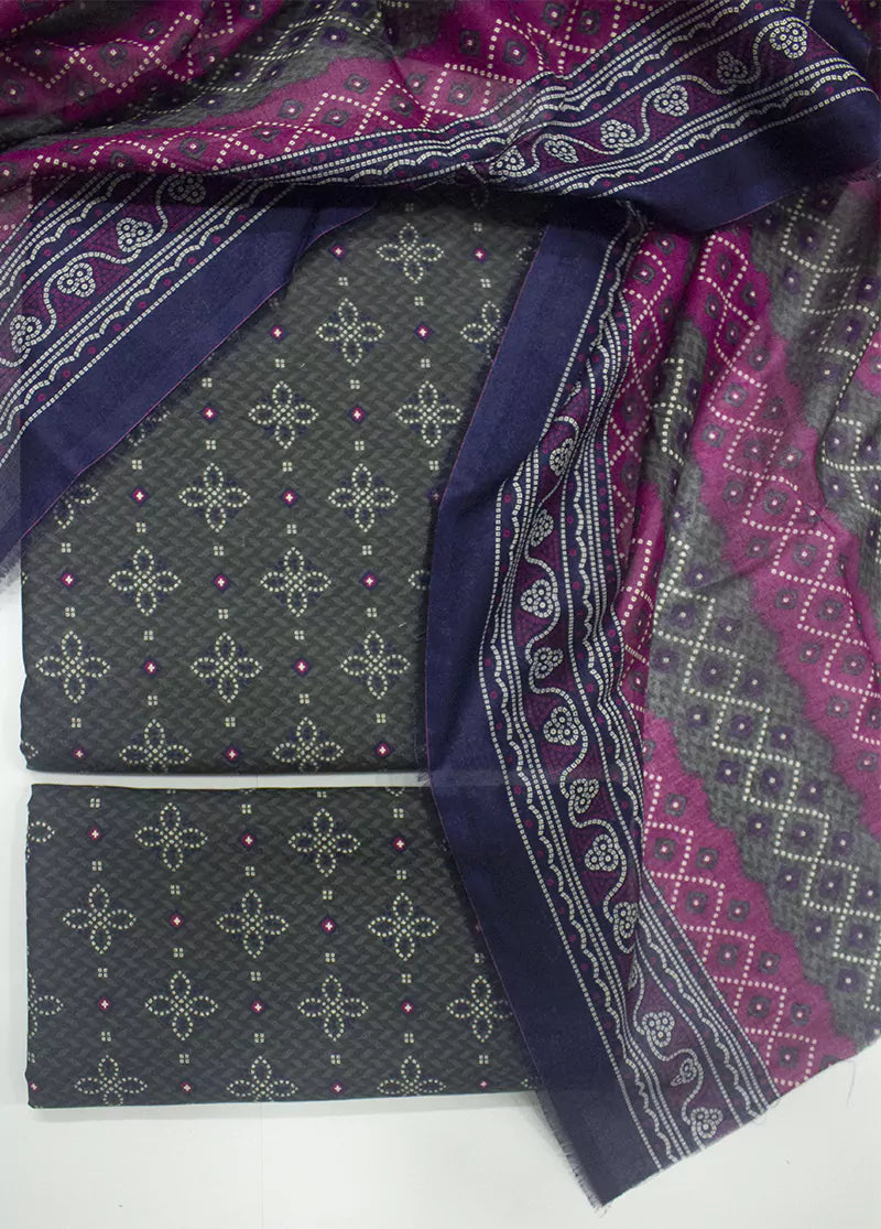 3 Piece Printed Blue Grey Color Unstitched Suit I Bin Saeed