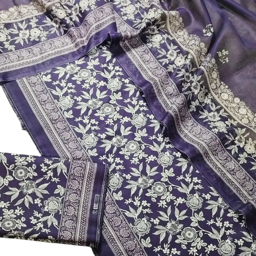 3 Piece Printed Purple Color Unstitched Suit I Bin Saeed