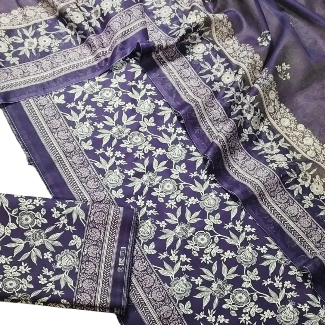 3 Piece Printed Purple Color Unstitched Suit I Bin Saeed