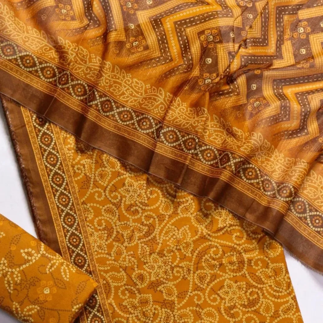 3 Piece Printed Yellow Color Unstitched Suit I Bin Saeed