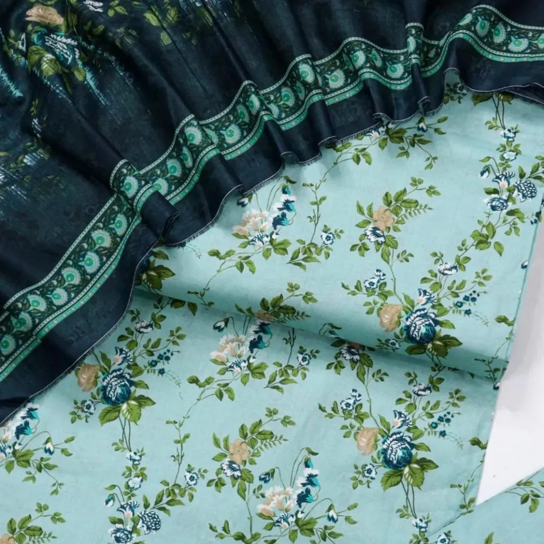 3 Piece Printed Sky blue Color Unstitched Suit I Bin Saeed