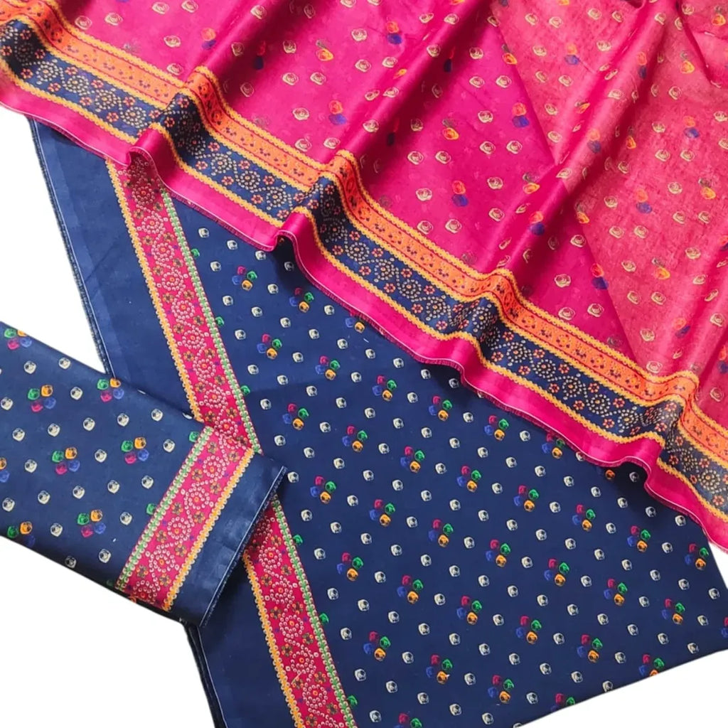 3 Piece Printed Navy Blue Color Unstitched Suit I Bin Saeed