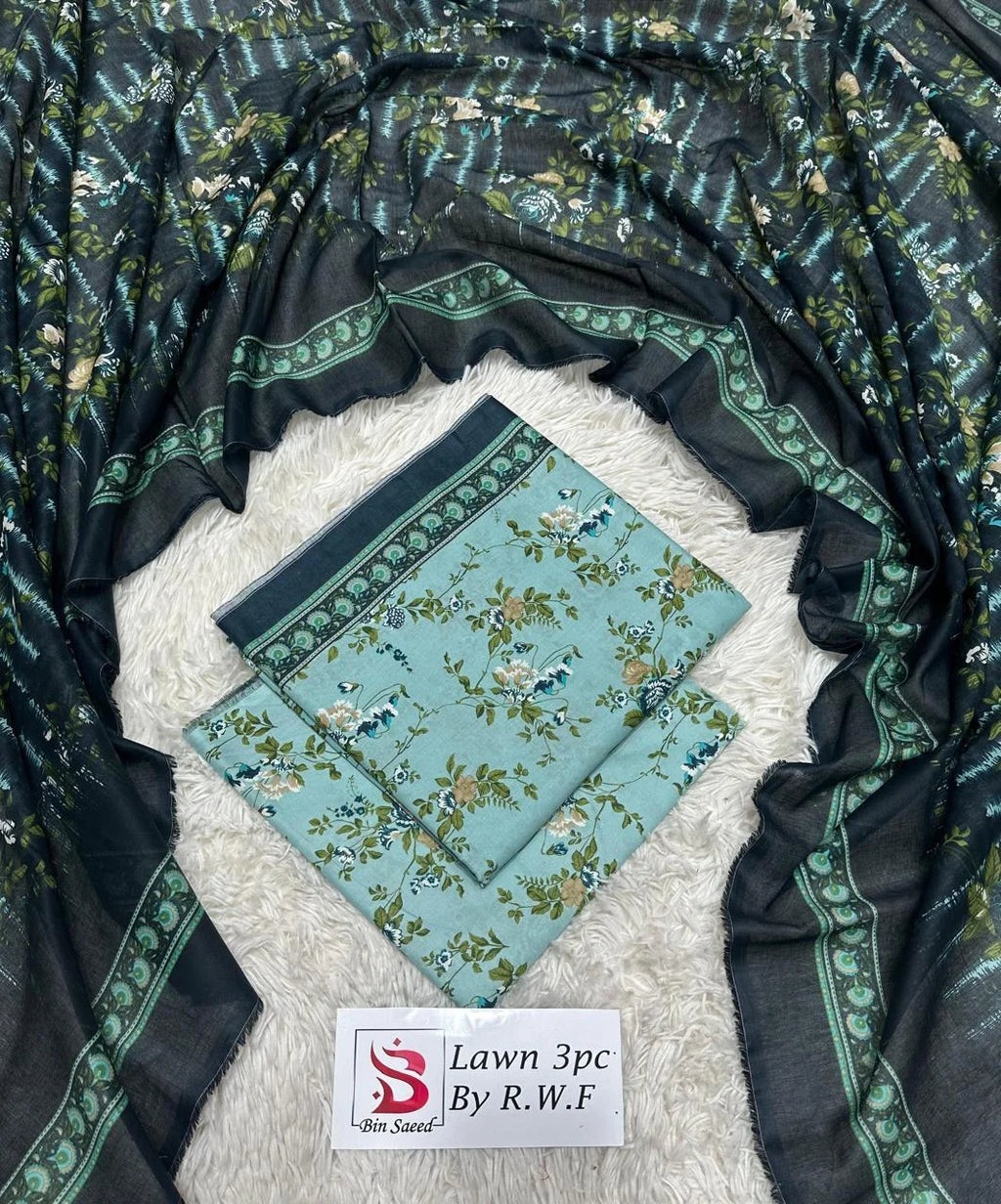 3 Piece Printed Sky blue Color Unstitched Suit I Bin Saeed