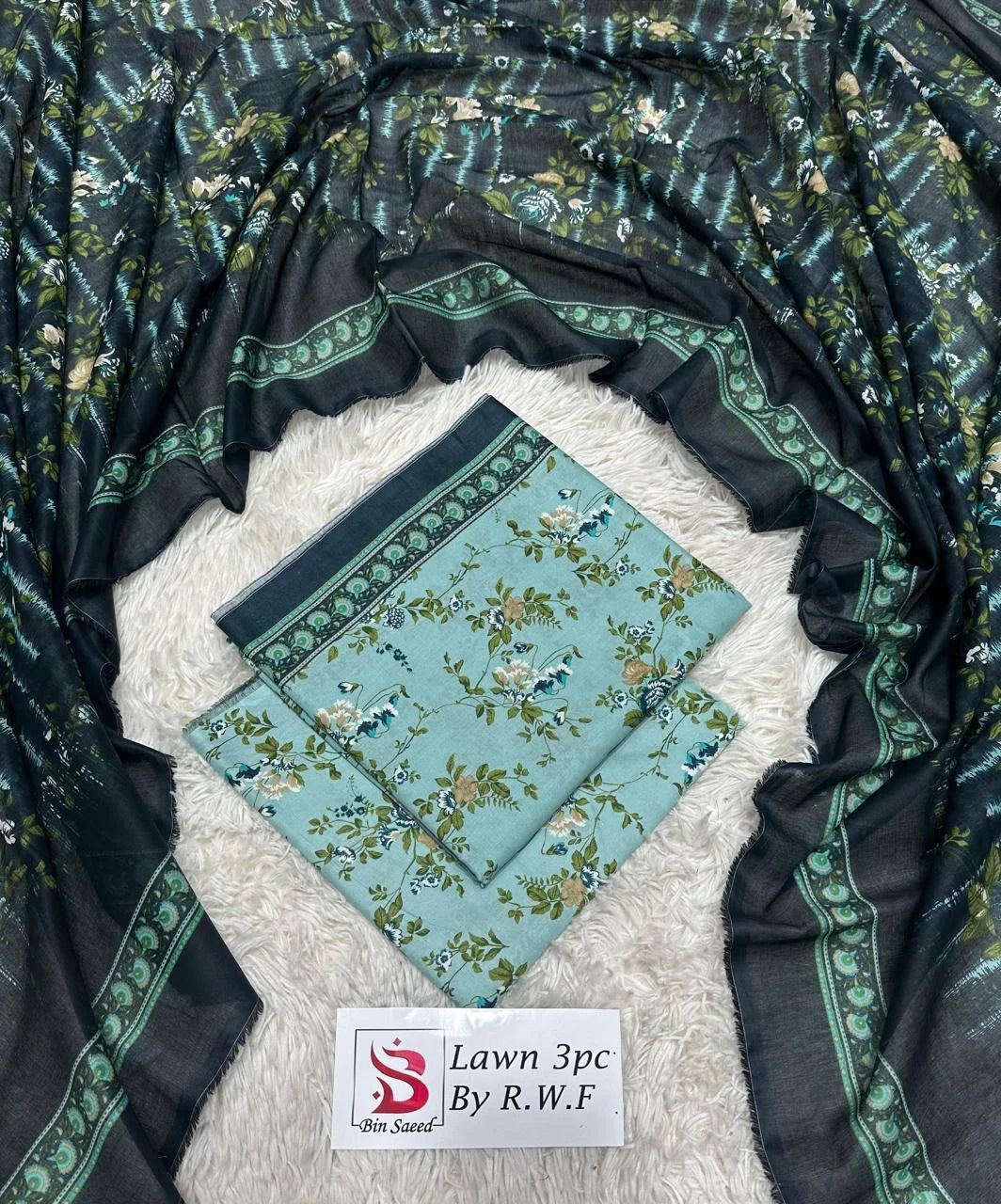 3 Piece Printed Sky blue Color Unstitched Suit I Bin Saeed