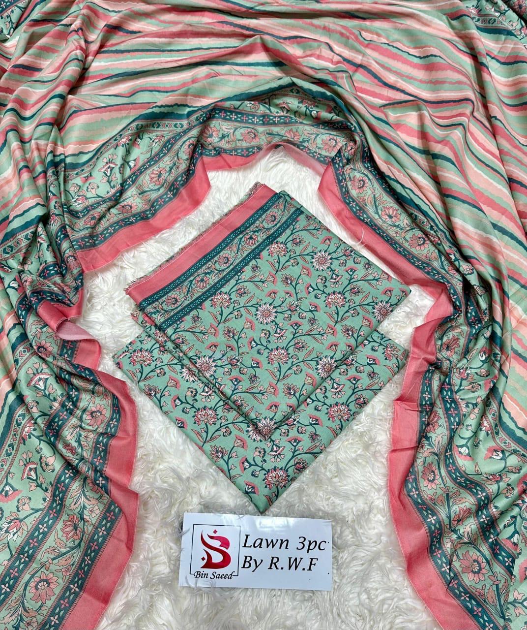 3 Piece Printed Mint Green Color Unstitched Suit I Bin Saeed