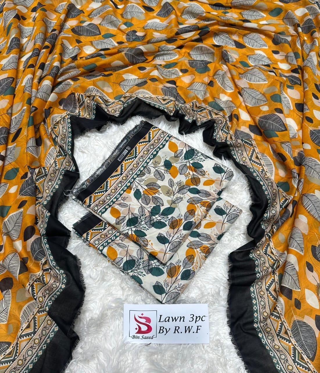 3 Piece Printed Cream Color Unstitched Suit I Bin Saeed