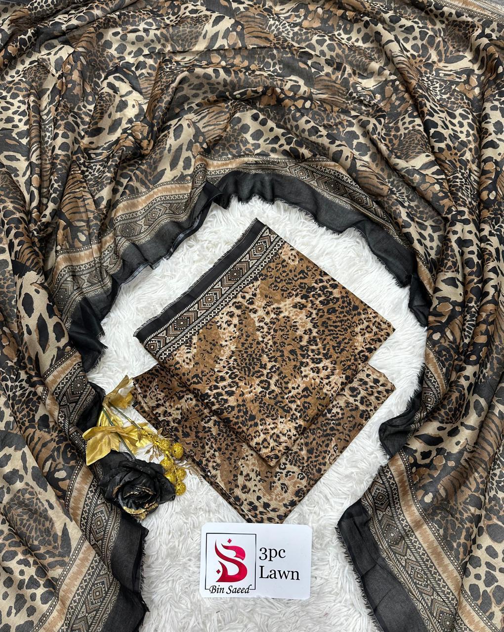 3 Piece Printed Cheeta Color Unstitched Suit I Bin Saeed