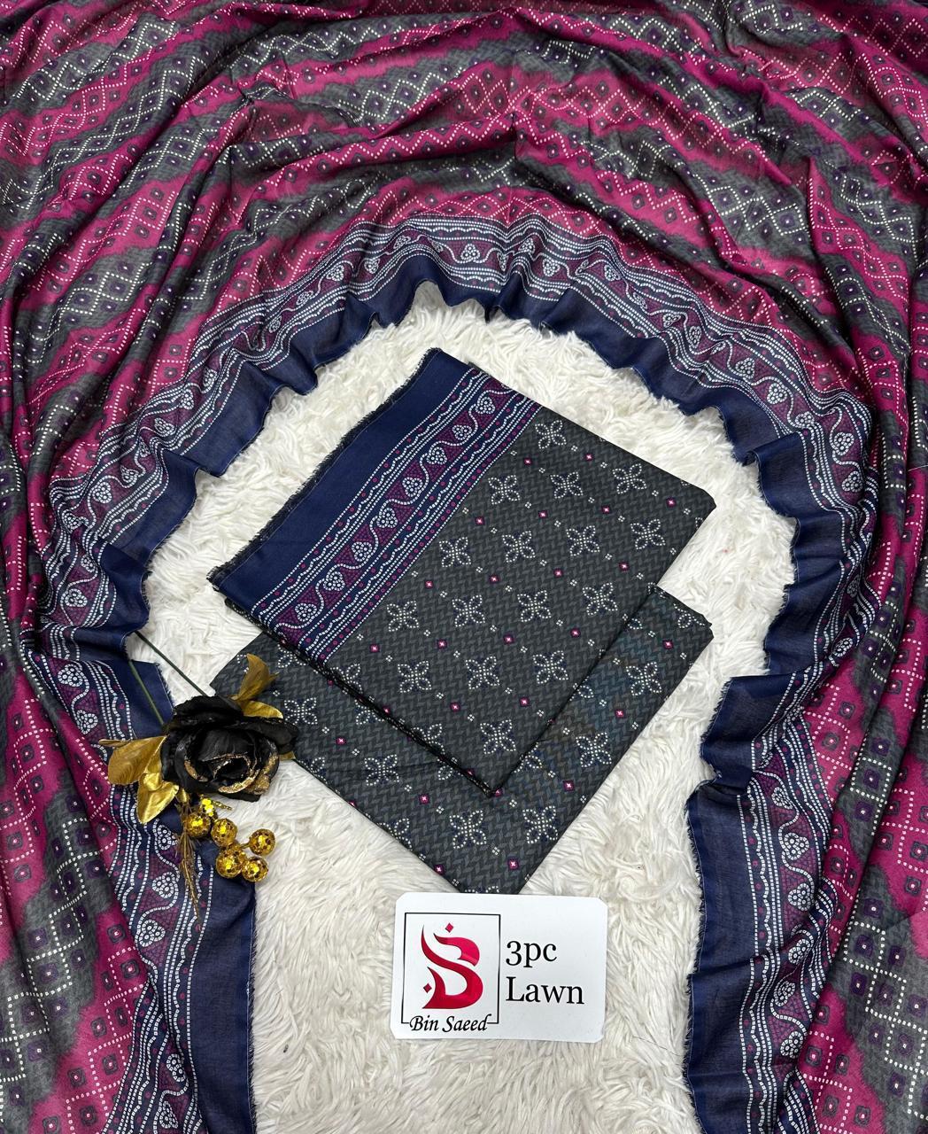 3 Piece Printed Blue Grey Color Unstitched Suit I Bin Saeed