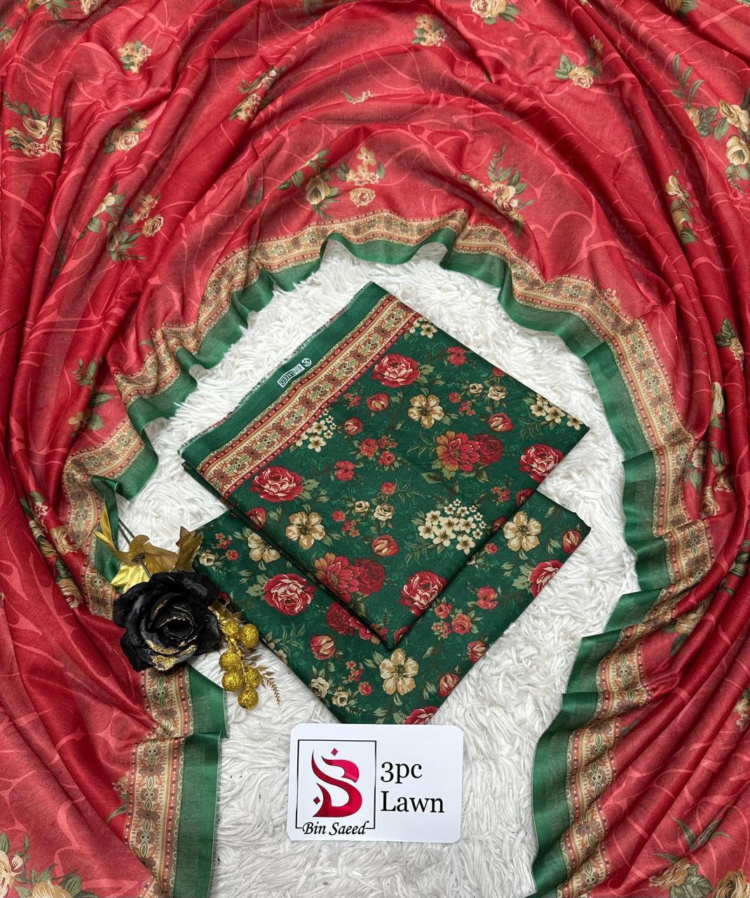 3 Piece Printed Green Color Unstitched Suit I Bin Saeed