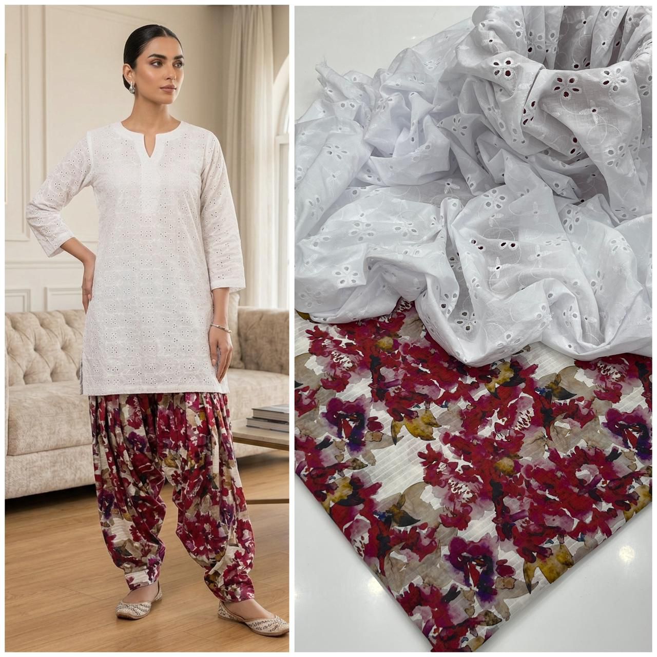 2 Piece White Color Chicken Kari Shirt with Printed Trouser
